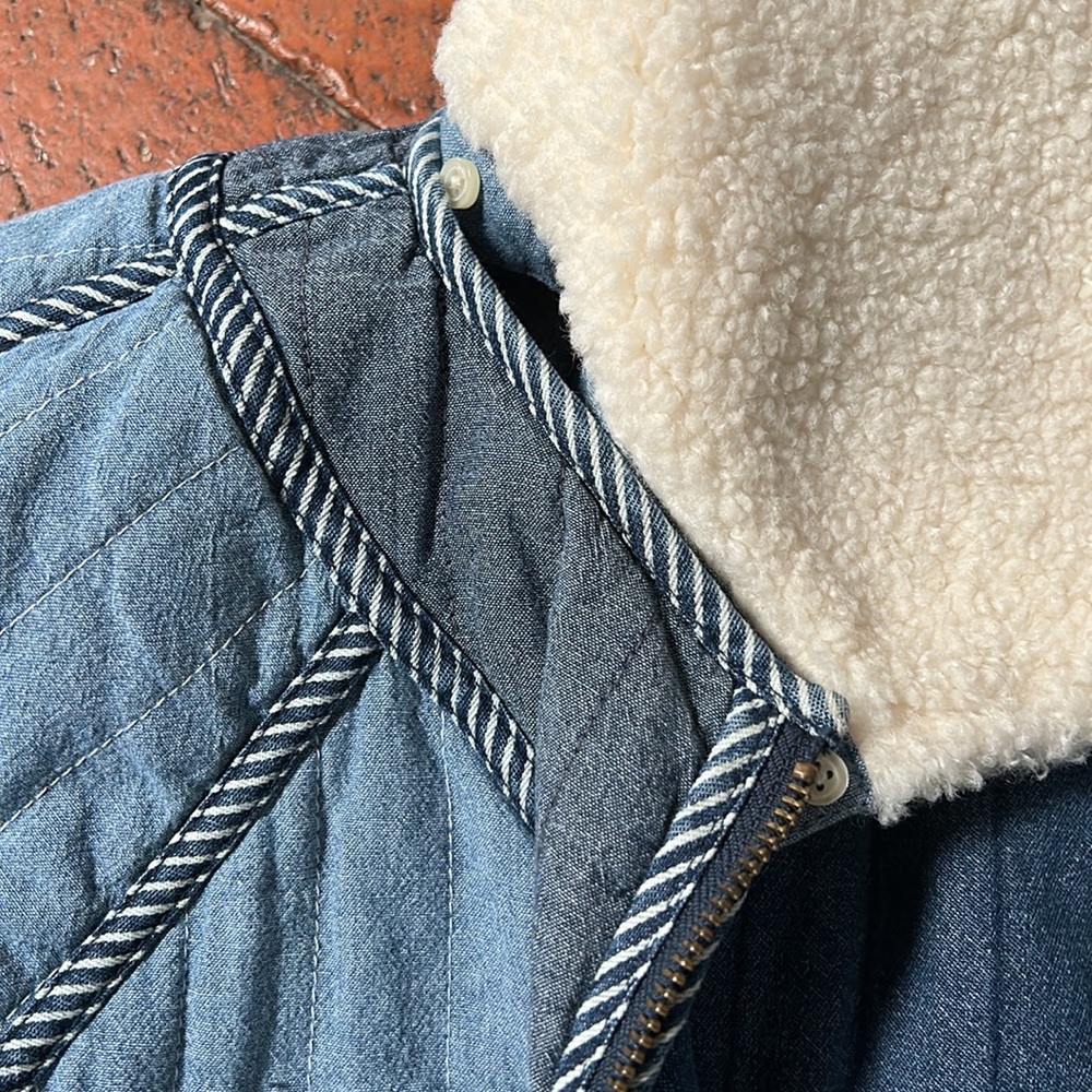 THE GREAT. Quilted Denim Blue Coat with Cream Sherpa Collar - Picture 9 of 9